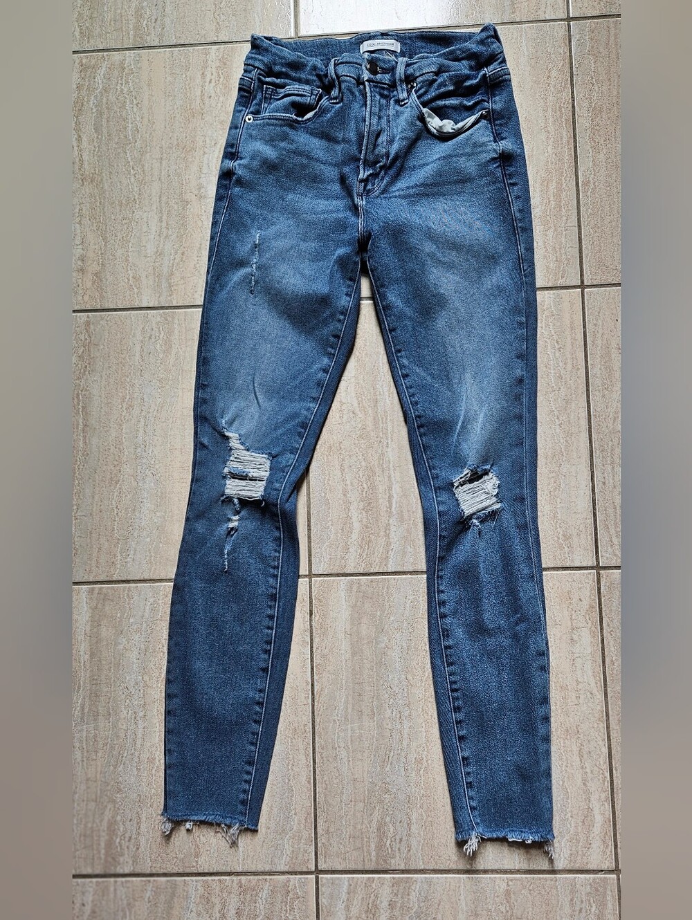 Good American Good Legs Fray Hem Skinny Jeans Distressed Blue